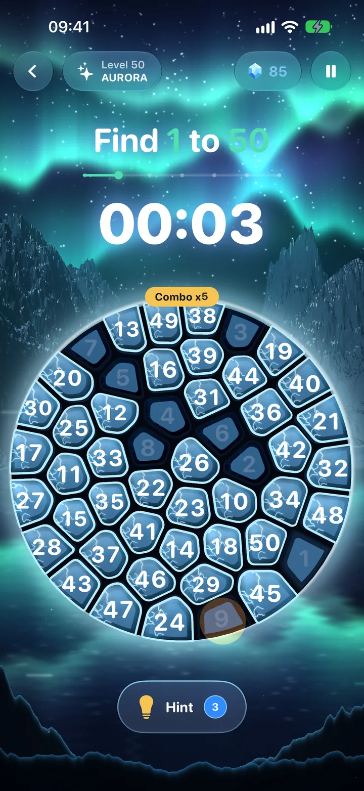 A Numstone board of 50 ice tiles mid-round, with the first nine numbers found and the clock at three seconds.