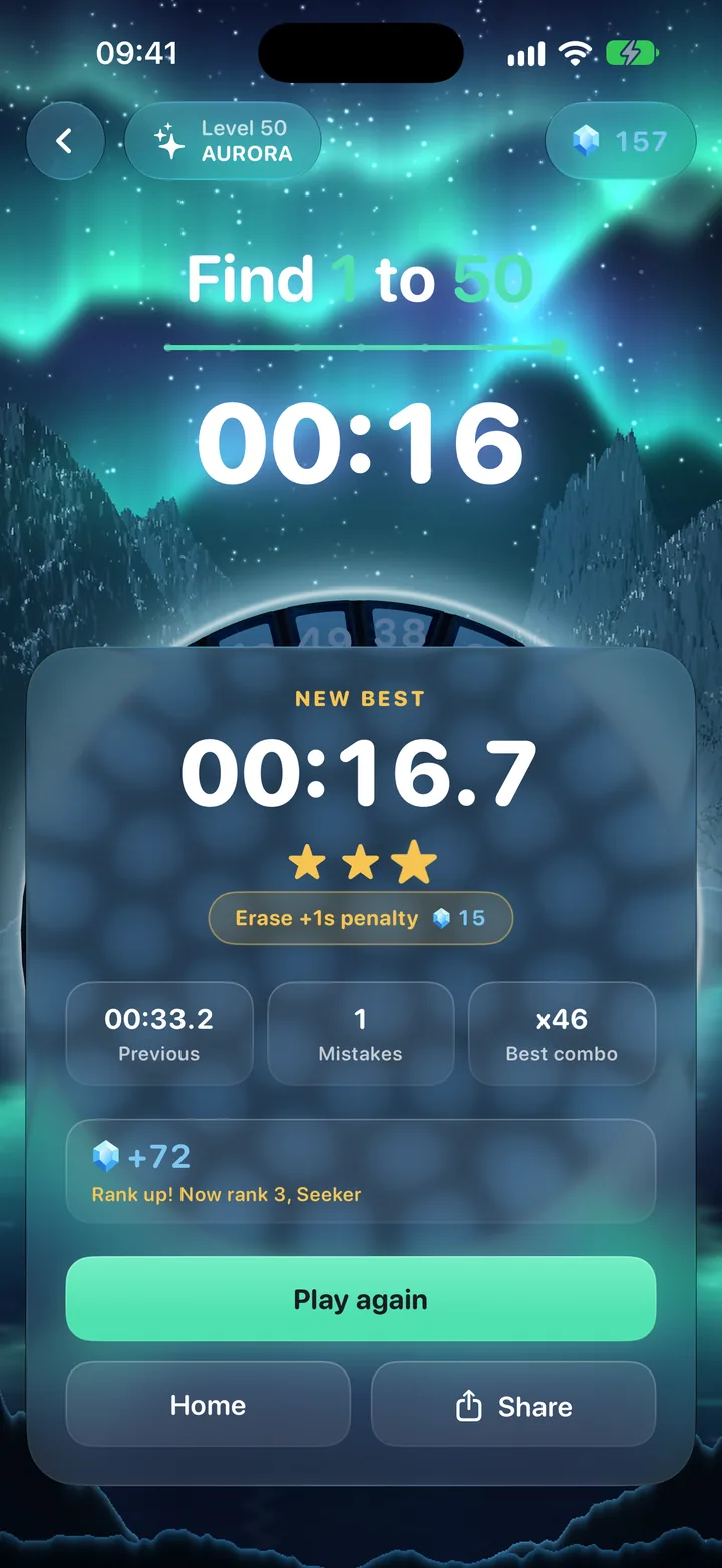 A Numstone result card showing a new best time and three stars.
